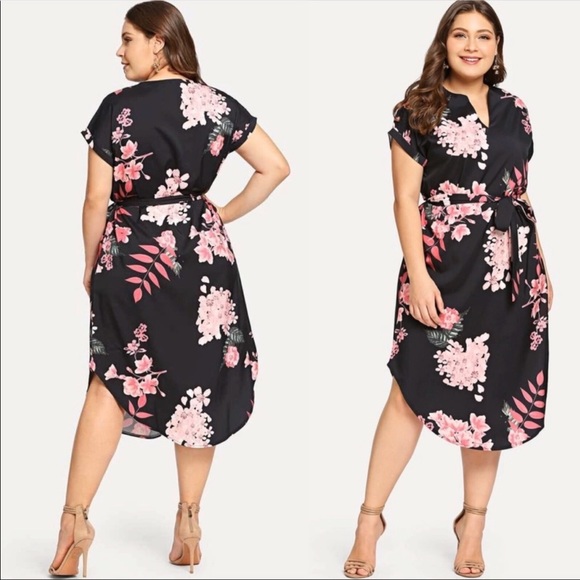 The Chic Petunia Dresses & Skirts - Women’s plus size black floral curved hem dress